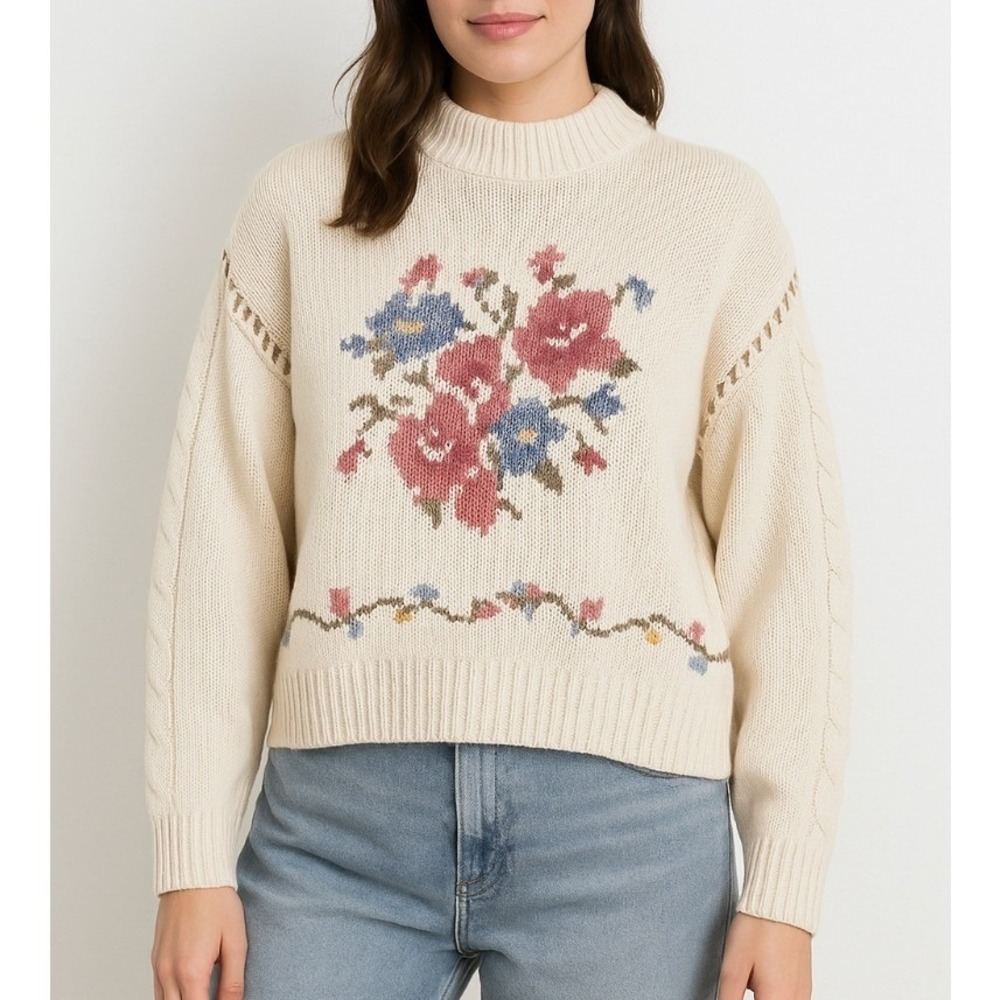 Lizsport Vintage Floral Sweater‎ LARGE Cream Cotton Knit Embroidered Grannycore
